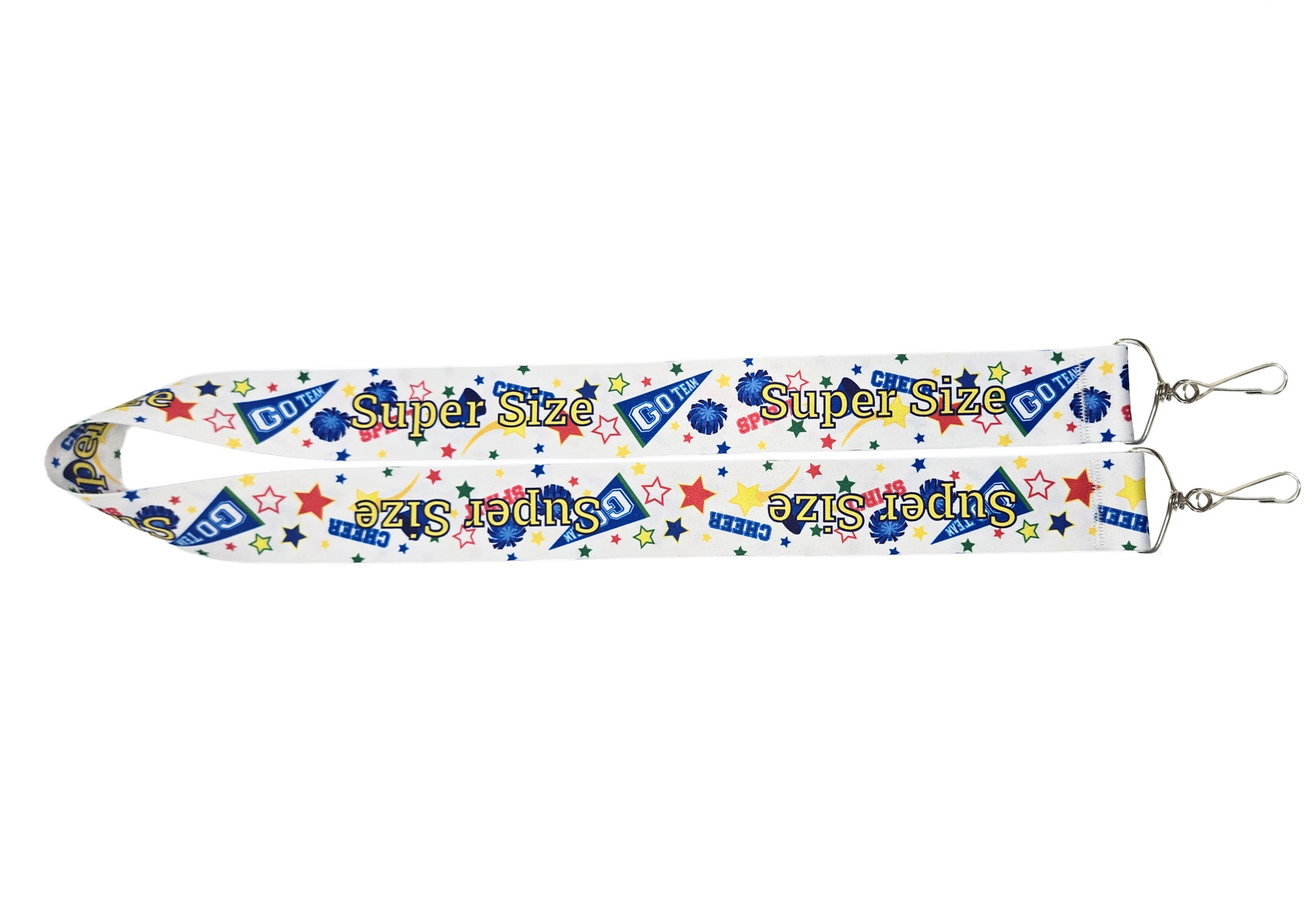 Double Ended Lanyard with 'Super Size' text and colorful design on a white background